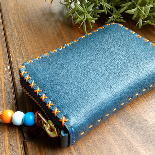 値下げ　MOYNAT 二つ折り財布 黒/オレンジ/青 二つ折り財布 おしゃれ 人気 男性 本革 黒 ネイビー オレンジ ネック