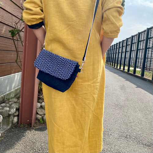 藍染め刺し子と岡山デニムのバイカラー2wayミニショルダーバッグ