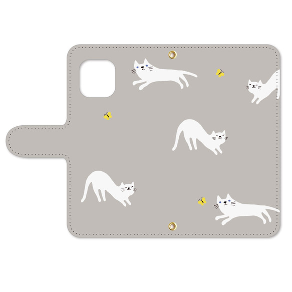 癒し の 白 猫 と 黄色 い 蝶 の 穏やか な 時間   スマホケース  iPhoneケース 手帳型 4枚目の画像