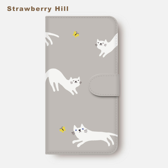 癒し の 白 猫 と 黄色 い 蝶 の 穏やか な 時間   スマホケース  iPhoneケース 手帳型 1枚目の画像