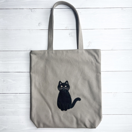 おすわりネコのアップリケ トートバック 黒ねこ トートバッグ Chaton