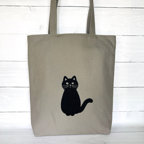 おすわりネコのアップリケ トートバック 黒ねこ トートバッグ Chaton