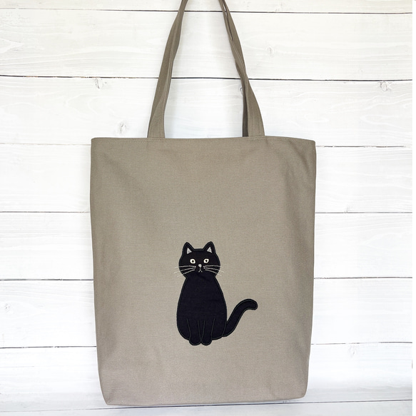 おすわりネコのアップリケ トートバック 黒ねこ トートバッグ Chaton