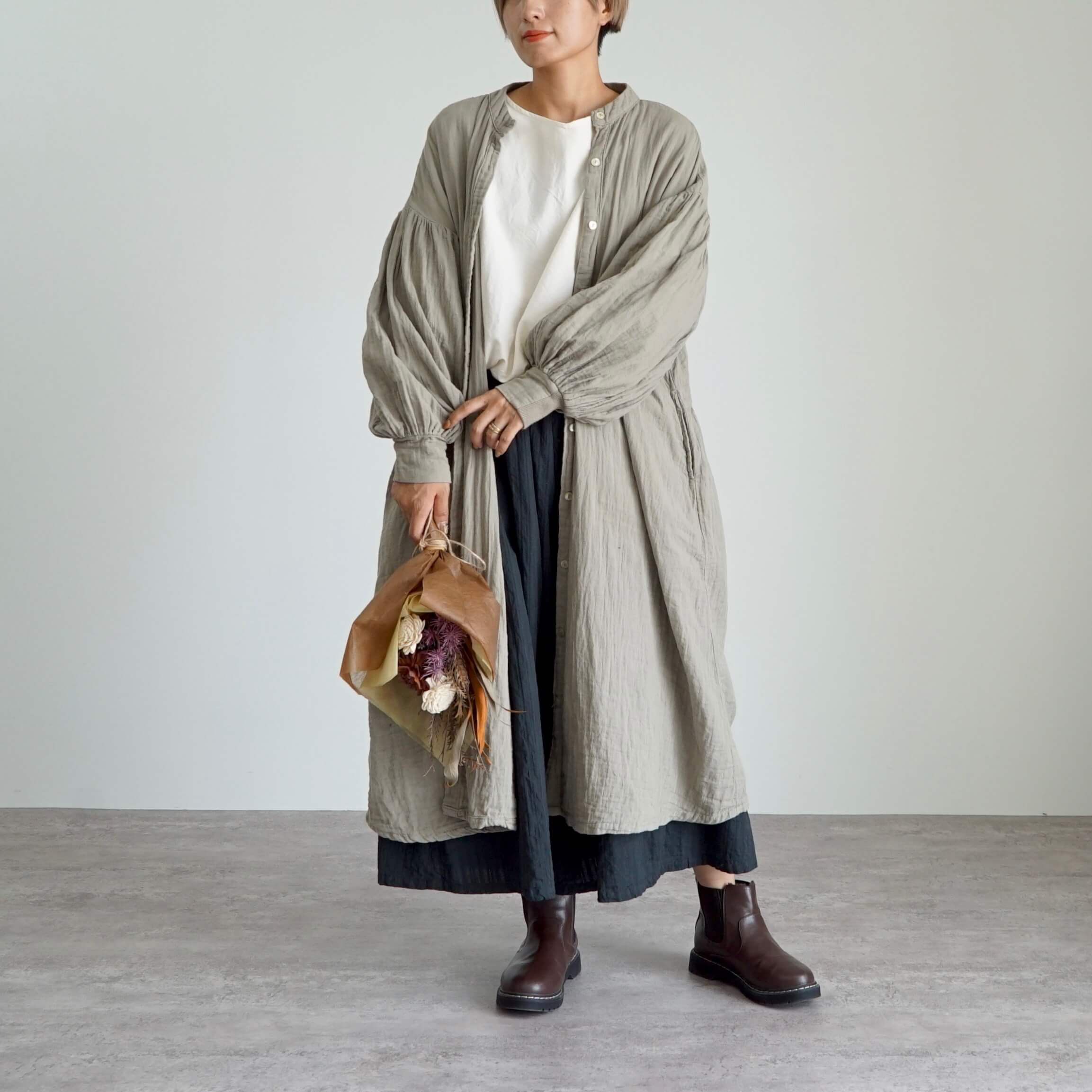 ガーゼシャツワンピース/カーキ/知多木綿