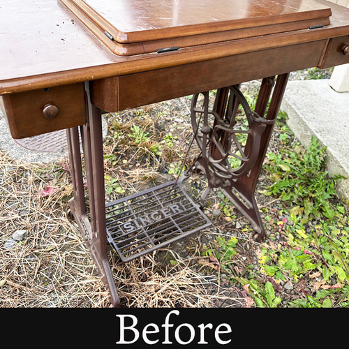 アイアン×無垢材のリメイクテーブル｜足踏みミシン脚使用 アンティーク