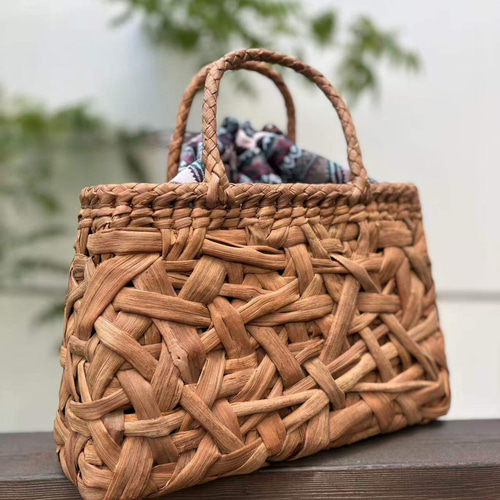 一点物】国産山葡萄 籠バッグ 内布付き 乱れ編み 巾着タイプ内布 台形