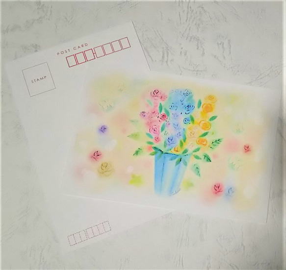 やすらぎの花束　絵葉書2枚セット　パステルアート・イラスト　ポストカード 1枚目の画像