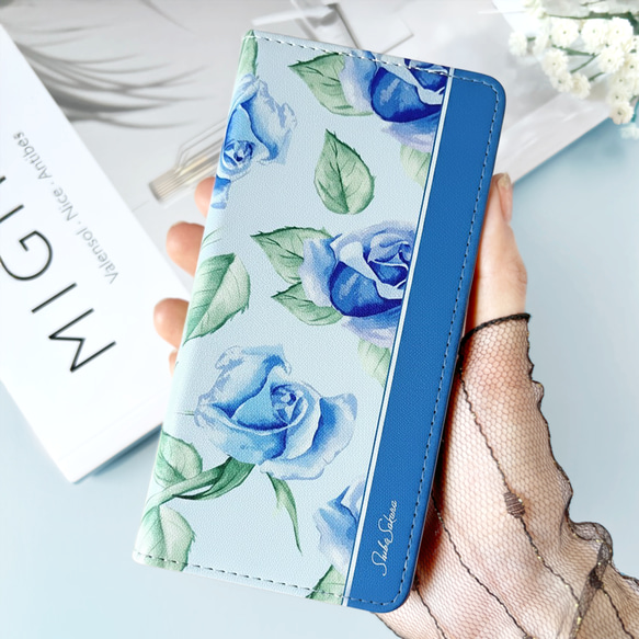 ブルーローズの手帳型スマホケース iphone16e iphone17 全機種対応 花