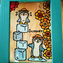 送料無料*ステンドグラス風*ペンギンとひまわり･夏･ハンドメイド♪ 1枚目の画像