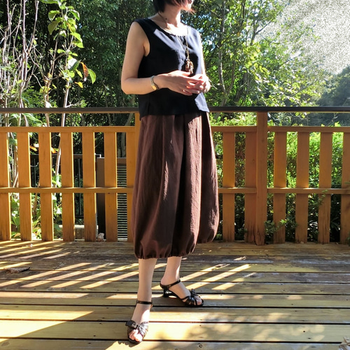 【美品】グンゲンドウ　ロング丈スカート・バルーン・ゴムウエスト・シワ加工・登美 美品】グンゲンドウ ロング丈スカート・バルーン・ゴムウエスト