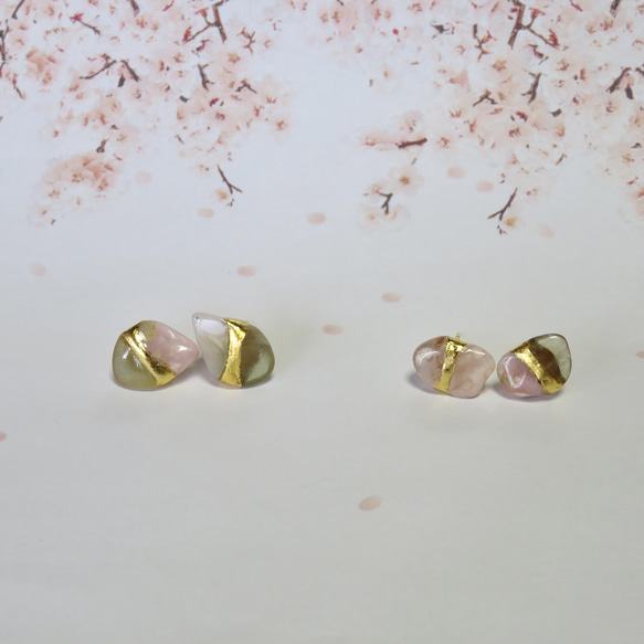 葉桜＊Pink Opal × Prehnite＊金継ぎ／pierce／L size 7枚目の画像