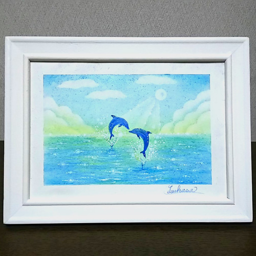 No93 海とイルカ　絵画　イラスト画　自作絵画 海とイルカのパステルアート 明ける時 パステル画原画 絵画 T's