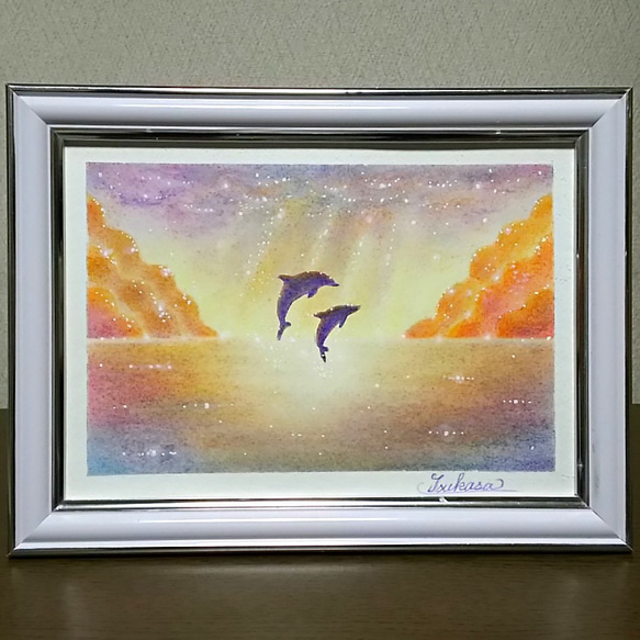 海とイルカのパステルアート 朝靄に輝くイルカの親子 パステル画