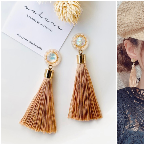 再販】パールカボション×サラサラロングタッセルピアス／イヤリング