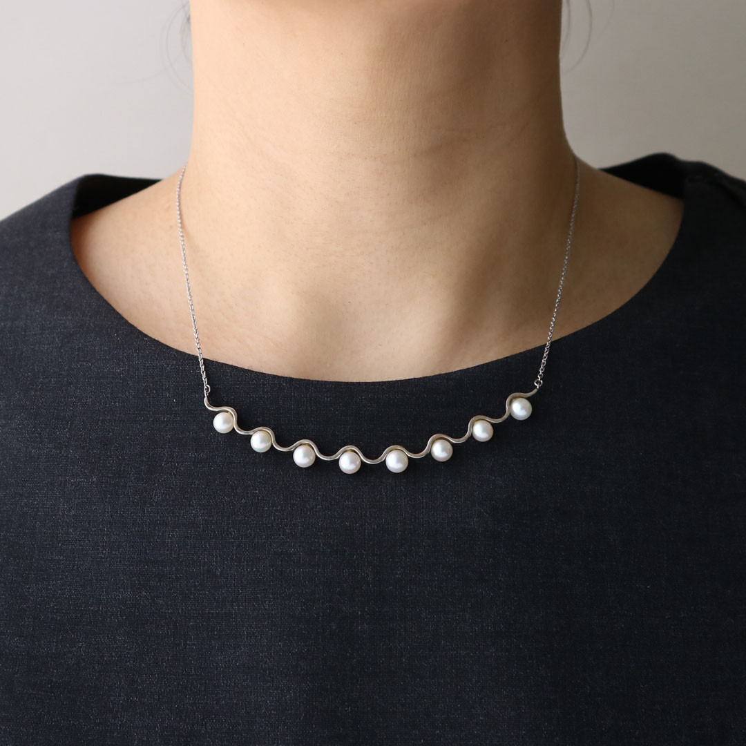 [silver925] 淡水パール×ウェーブバーネックレス＊シルバーカラー