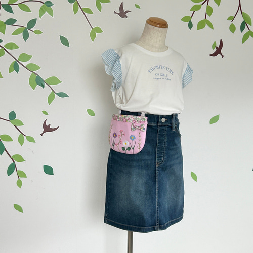 受注制作】お花の刺繍 ふたなし移動ポケット（ピンク）女の子 その他