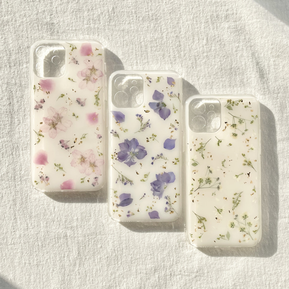 【snow blue】 押し花スマホケース　手帳型ケース　ソフトケース　ブルー　青　iphone 全機種対応 5枚目の画像