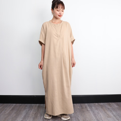 棉亞麻杜爾曼式連衣裙米色 第4張的照片
