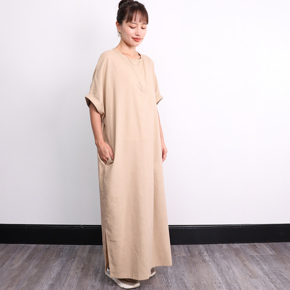 棉亞麻杜爾曼式連衣裙米色 第6張的照片