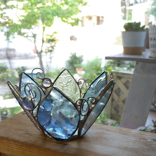 ステンドグラス・キャンドルホルダー・6面ブルー キャンドル