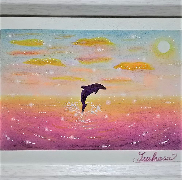 海とイルカのパステルアート　トワイライト・ドルフィン　パステル画原画 2枚目の画像