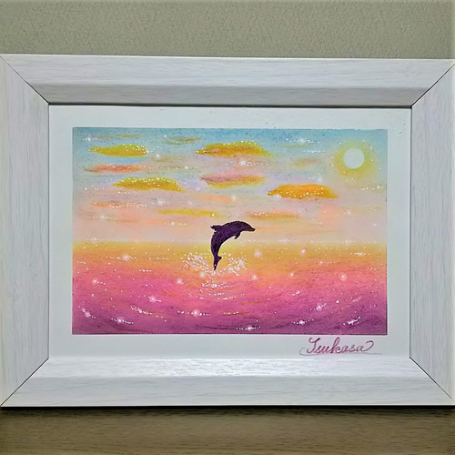 海とイルカのパステルアート トワイライト・ドルフィン パステル画原画 