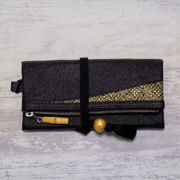【革再入荷！！】　オーダー　金彩工芸　七宝　金仕上げ　姫路黒桟革×金糸織帯地　「本革製道中財布」 をかし 商標登録　をかし