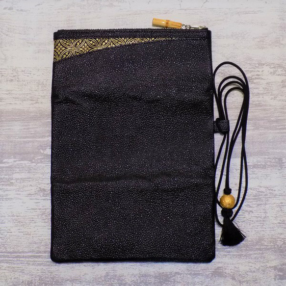 【革再入荷！！】　オーダー　金彩工芸　七宝　金仕上げ　姫路黒桟革×金糸織帯地　「本革製道中財布」 をかし 商標登録　をかし