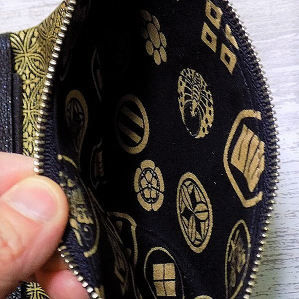 【革再入荷！！】　オーダー　金彩工芸　七宝　金仕上げ　姫路黒桟革×金糸織帯地　「本革製道中財布」 をかし 商標登録　をかし