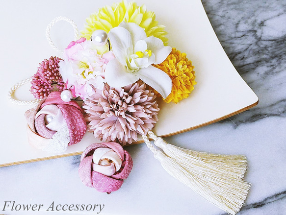 ⚜ 正絹髪飾り 牡丹とユリ つまみ細工 / 箱付【ピンクx紫x黄色x白