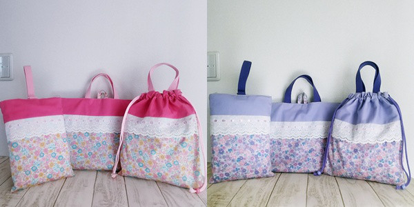 入園入学新学期　small flower リボン小花柄レッスンバック・シューズバック・持ち手付き体操服袋3点set