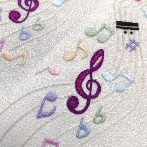 音楽デザインの着物反物 ダークパープル 小紋 ピエロ 音符 note