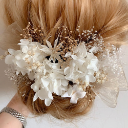 ドライフラワー髪飾り　gold×White チュールリボン　ヘッドドレス 結婚式　前撮り　成人式　卒業式　 5枚目の画像