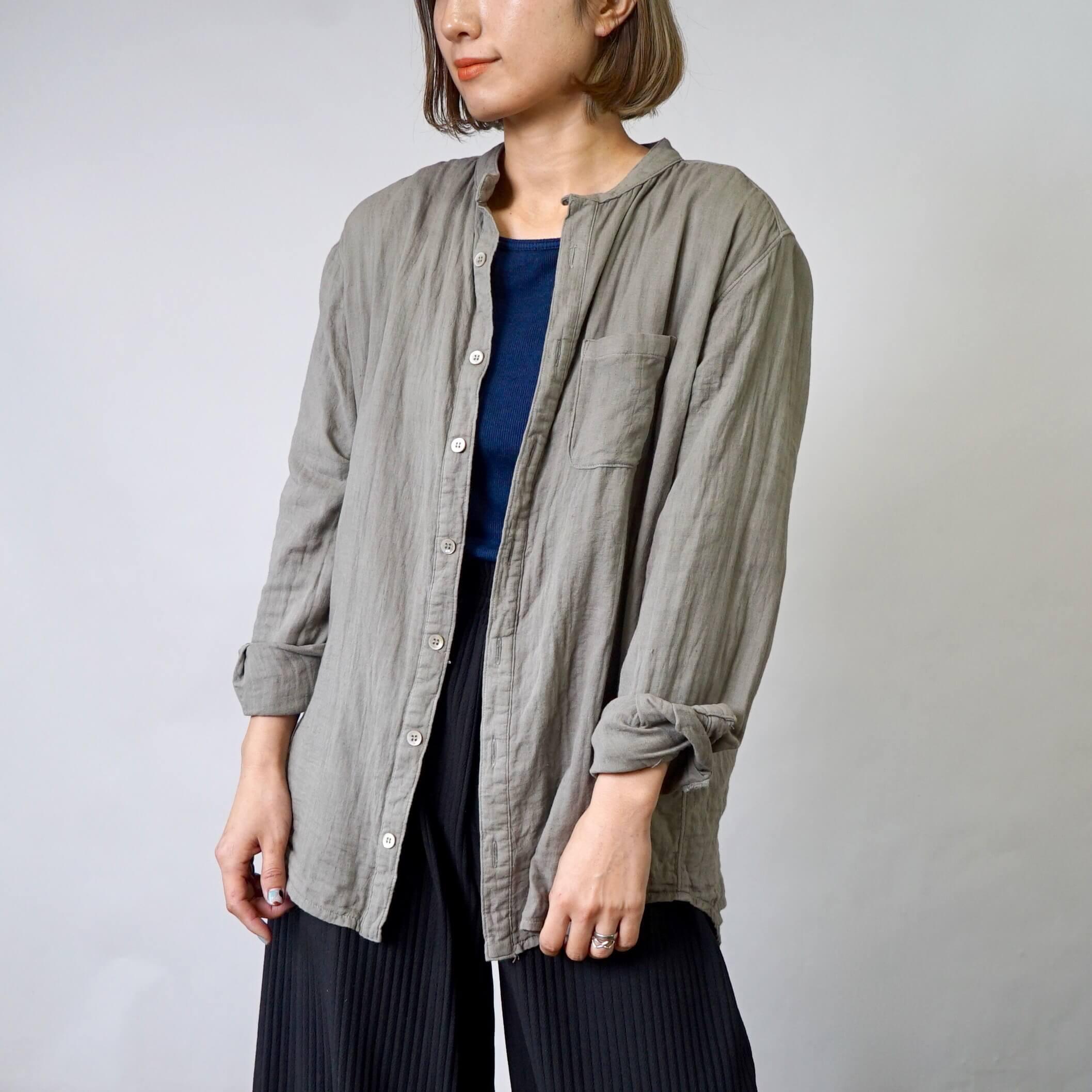 バンドカラーガーゼシャツ/カーキ/知多木綿