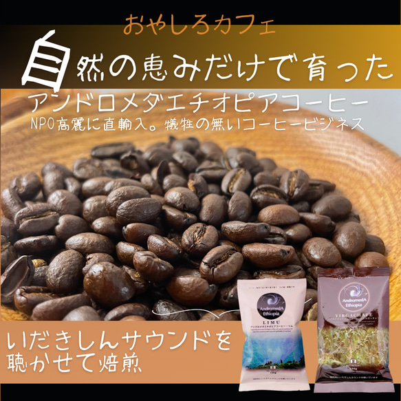 クリックポスト：アンドロメダエチオピアコーヒー100ｇ(豆)2種ミックス4袋　野生のコーヒー　いだきしんサウンド　 3枚目の画像