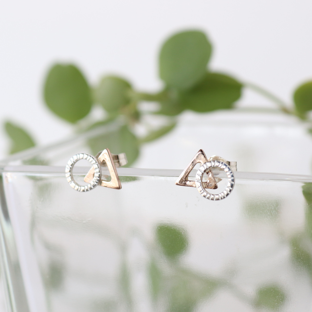 ピンクゴールド＆シルバー925 ピアス ○△（まるさんかく）【イヤリング変更可能】