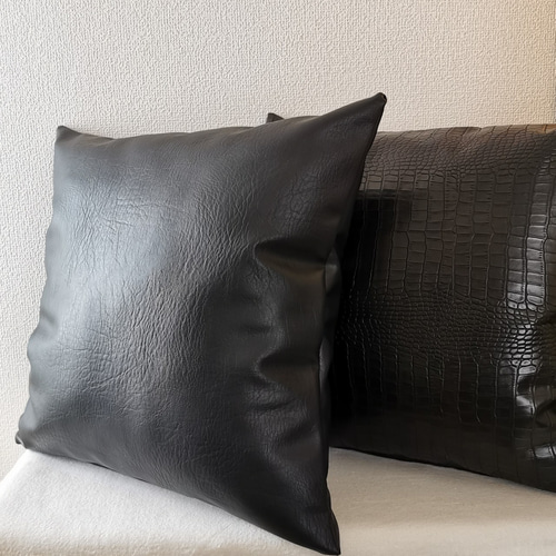 トルコ製 クロコ調 合皮レザー ブラック クッションカバー 45×45  