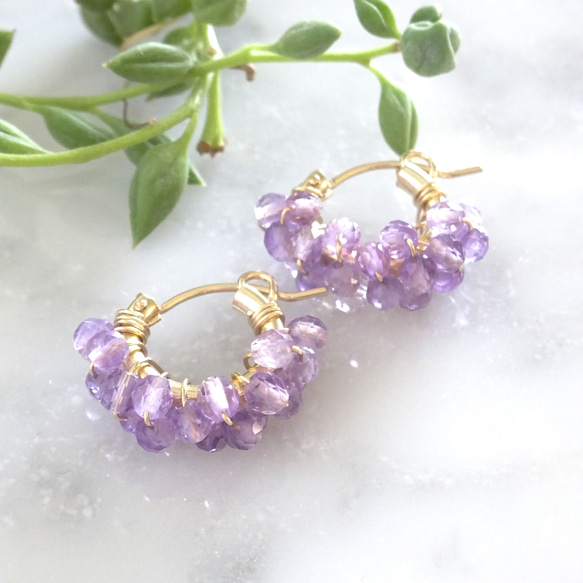 送料無料14kgf Amethyst light color pavé pierced earrings / clip 1枚目の画像