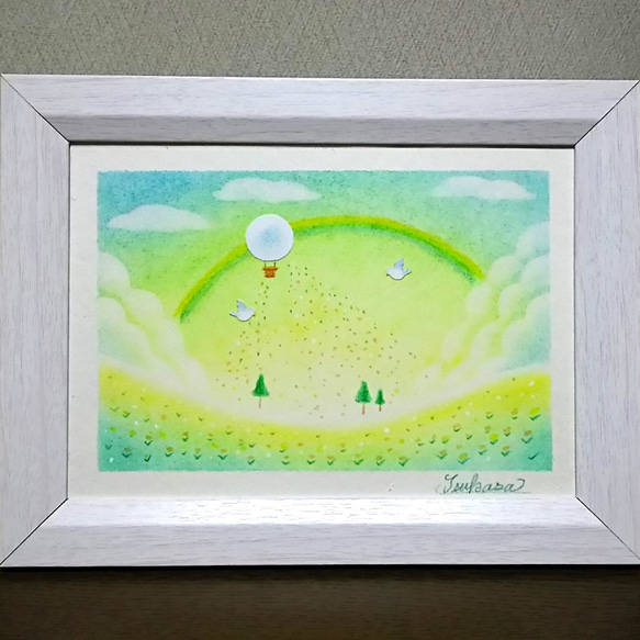 パステル画（原画）空。 パステルアート オーロラ色の空に羽ばたいて パステル画原画