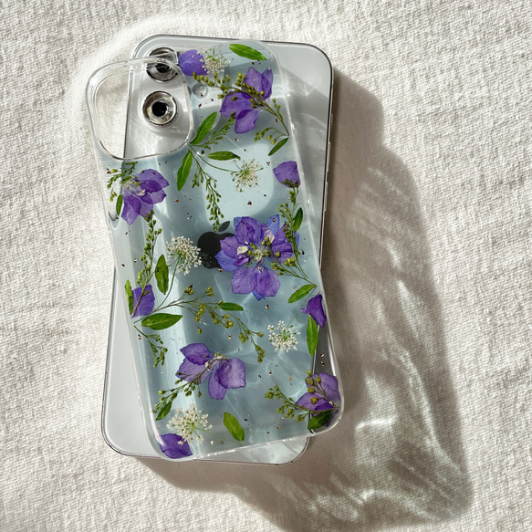 新作❁.。.:青いお花のリース❁.。.全機種対応♡押し花ケース 