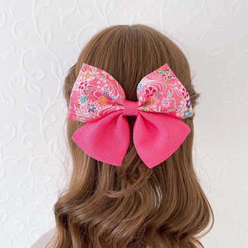 つまみ細工の髪飾り【ちりめんリボンとピンク系のお花】成人式 振袖