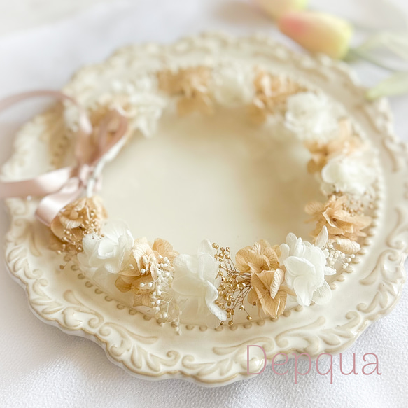 【送料無料】ベビー　キッズ　花冠　~kusumipink gold~  花かんむり　はなかんむり　結婚式　子供用　誕生日 1枚目の画像