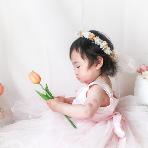 【送料無料】ベビー　キッズ　花冠　~kusumipink gold~  花かんむり　はなかんむり　結婚式　子供用　誕生日 3枚目の画像