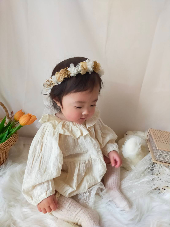 【送料無料】ベビー　キッズ　花冠　~kusumipink gold~  花かんむり　はなかんむり　結婚式　子供用　誕生日 5枚目の画像