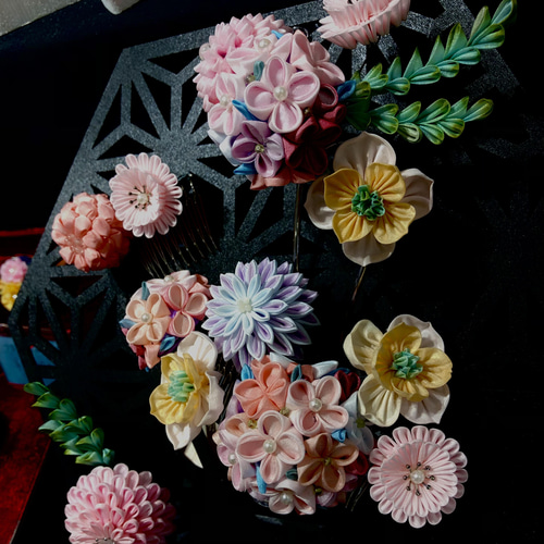 つまみ細工成人式・結婚式用髪飾り ティアラのような花簪 かんざし  