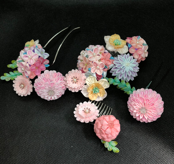 つまみ細工成人式・結婚式用髪飾り ティアラのような花簪 かんざし  
