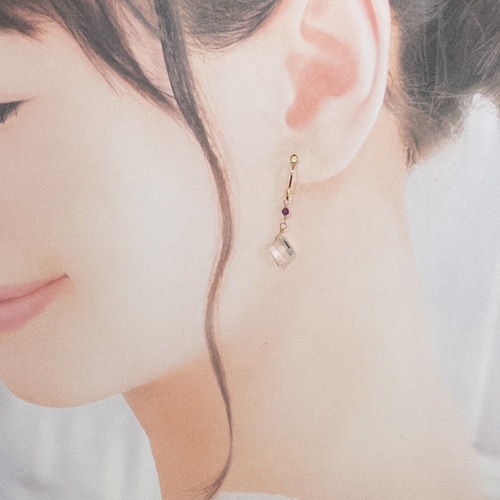 夢の実現 水晶 ルビー ピアス ステンレス シンプル フックピアス K14GF