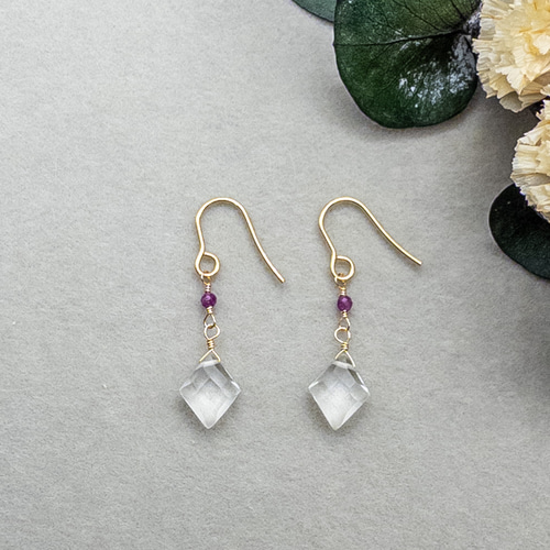 夢の実現 水晶 ルビー ピアス ステンレス シンプル フックピアス K14GF