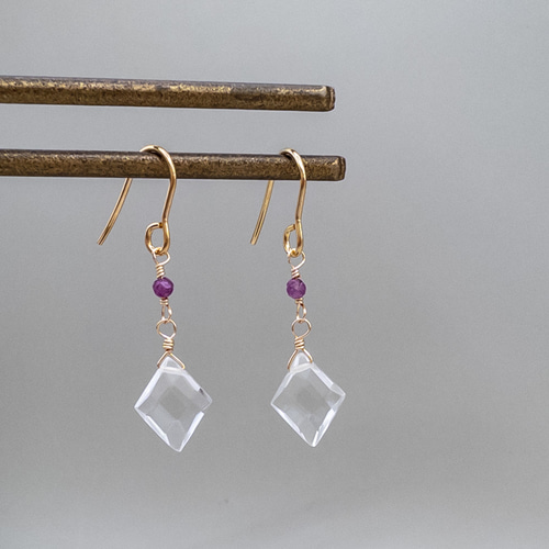 夢の実現 水晶 ルビー ピアス ステンレス シンプル フックピアス K14GF