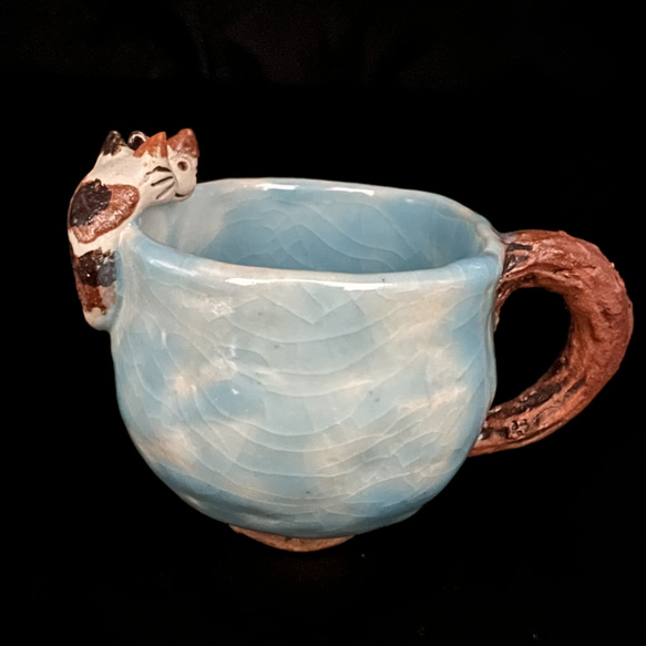 【貓陶器作為禮物】淺藍色心形護腿免費杯（浮木手柄版）妖怪陶器 第6張的照片